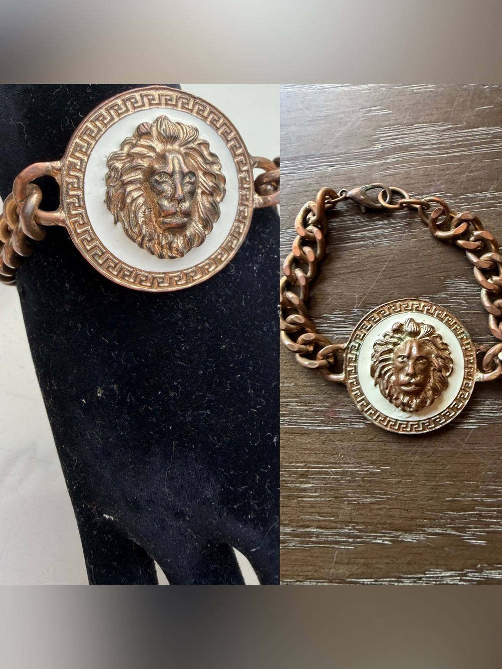 Vintage glam 80s link chain bracelet 3D lion head medallion white copper color